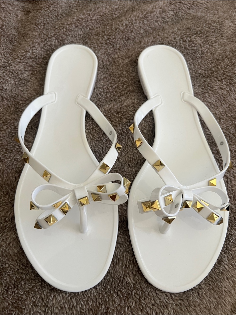 White Studded Bow Thong Sandals - Women